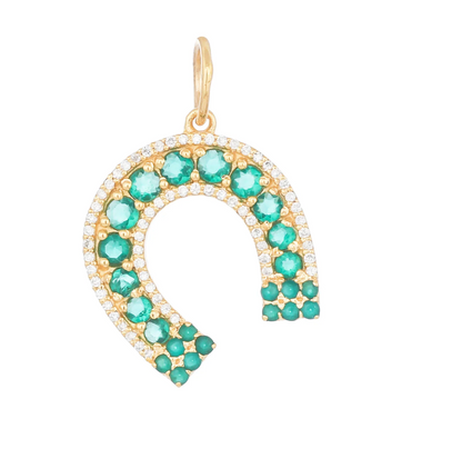14ct Gold Lucky Horseshoe Diamond And Emerald Pendant Charm