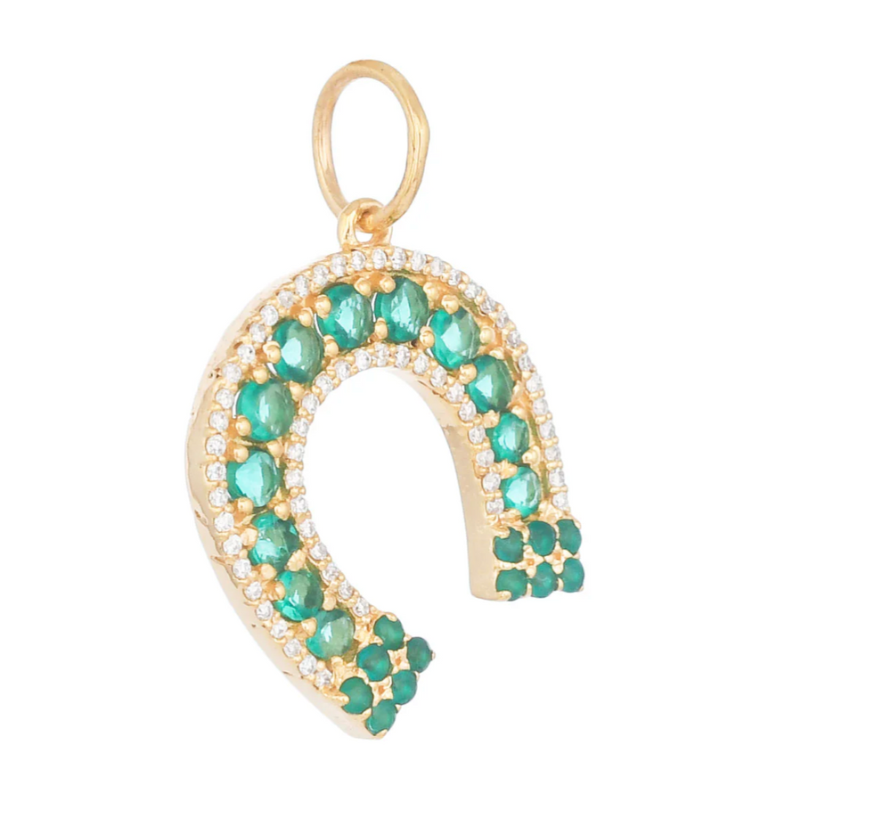 14ct Gold Lucky Horseshoe Diamond And Emerald Pendant