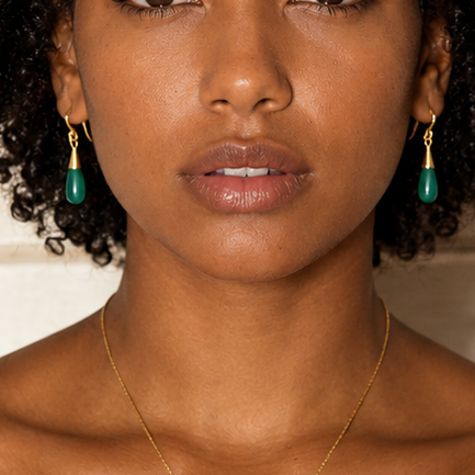 18K Gold Green Onyx Heart Chakra Earrings | May Birthstone