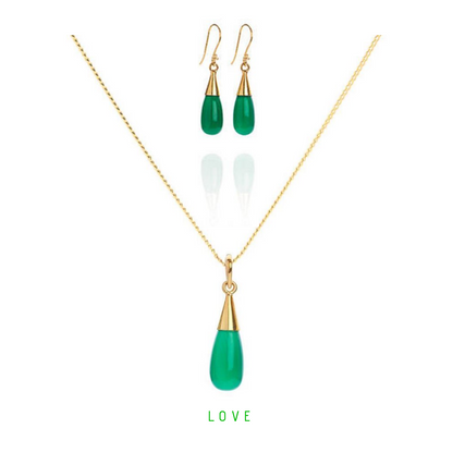 18K Gold Green Onyx Heart Chakra Droplet Necklace & Earrings Gift Set