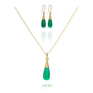 18K Gold Green Onyx Heart Chakra Droplet Necklace & Earrings Gift Set